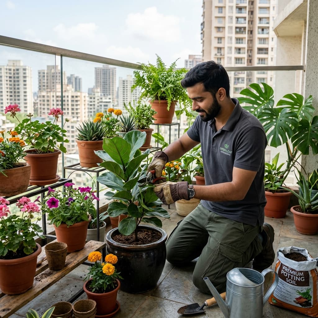 Shivansh Rose Nursery professional gardener pruning balcony plants in Pune